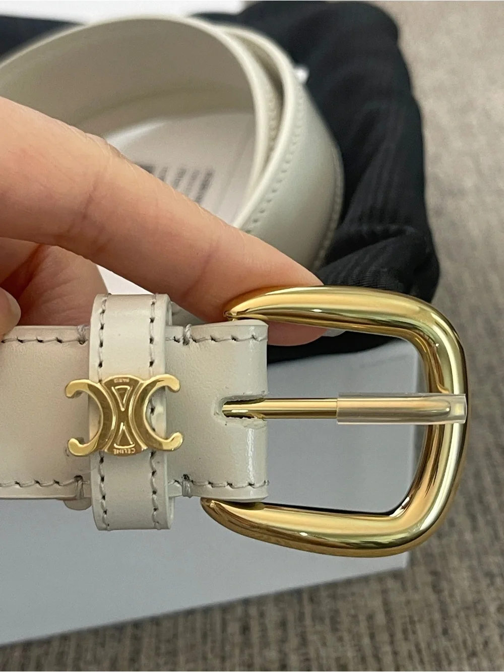 Celine Vivienne White Leather Belt with Gold Buckle and Triomphe Accent size 85